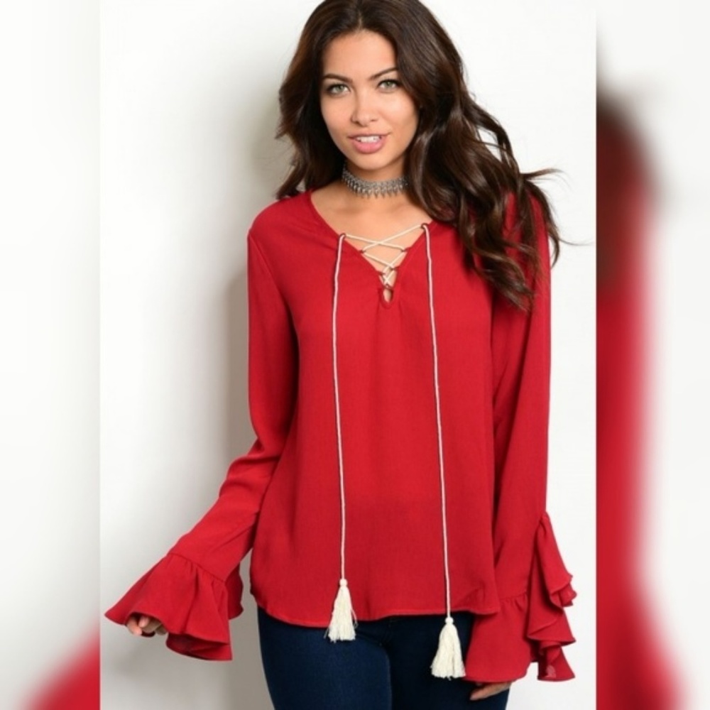 NWT! Beautiful Red Ruffled Sleeve Blouse